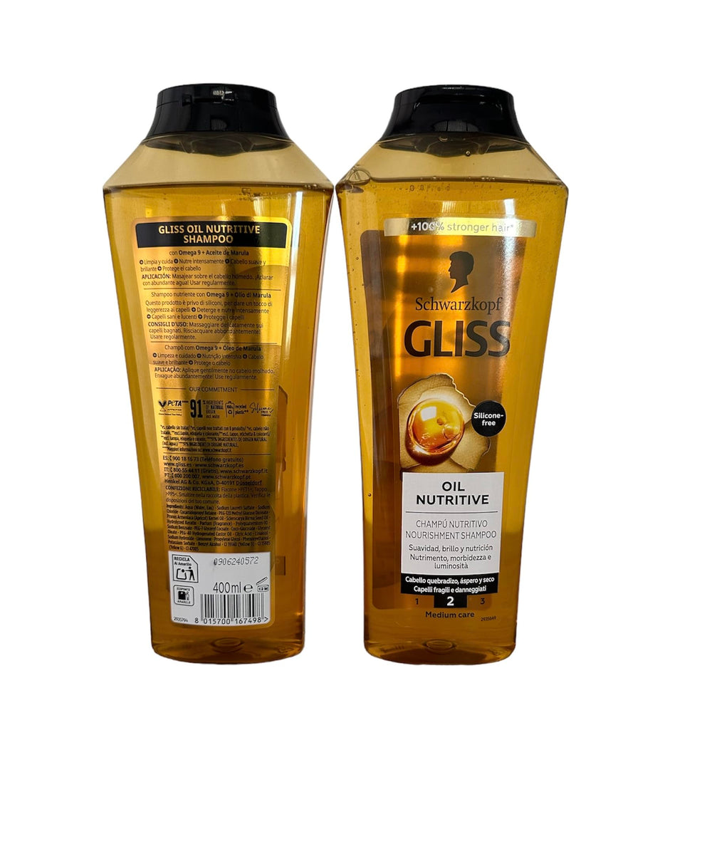 Gliss Shampoo Oil Nutritive two-pack on display signaling value for longer, healthier hair.