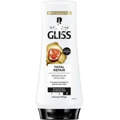Gliss Total Repair Conditioner with Keratin bottle close-up for smooth, shiny hair care.