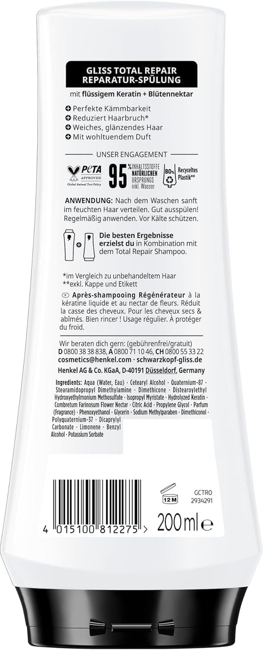 Gliss Total Repair Conditioner packaging highlighting keratin protection for dry, damaged hair.
