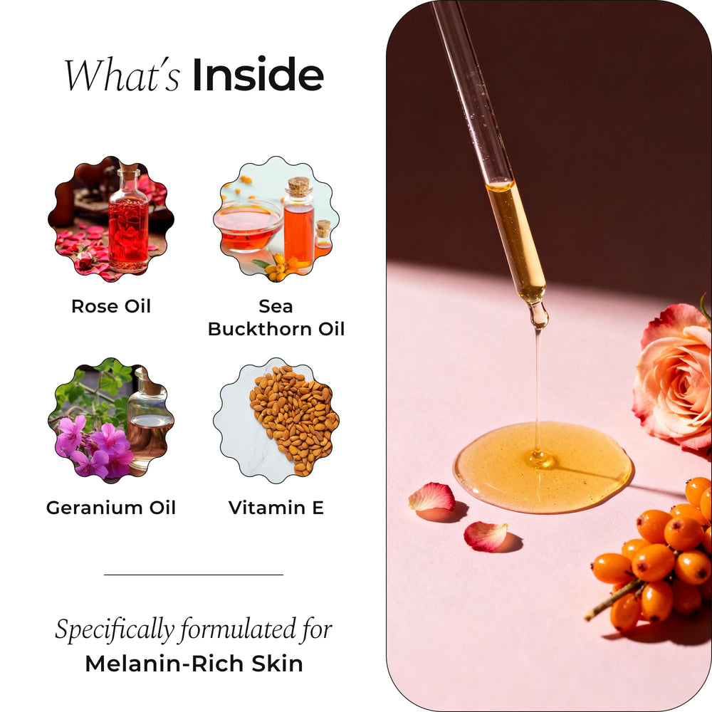 Glo Melanin Rose Glo Oil bottle beside argan and grape seed oils for balanced hydration.