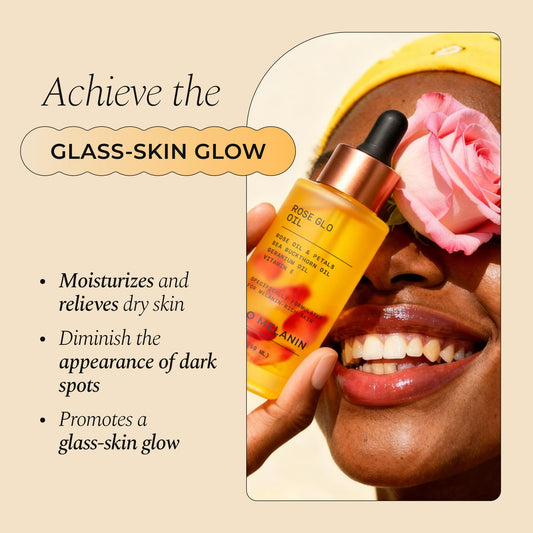 Glo Melanin Rose Glo Oil bottle featuring rosehip and sea buckthorn for skin nourishment.