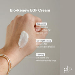 Ingredient panel of Glo Skin Beauty Bio-Renew EGF Cream highlights vegan EGF and peptides.