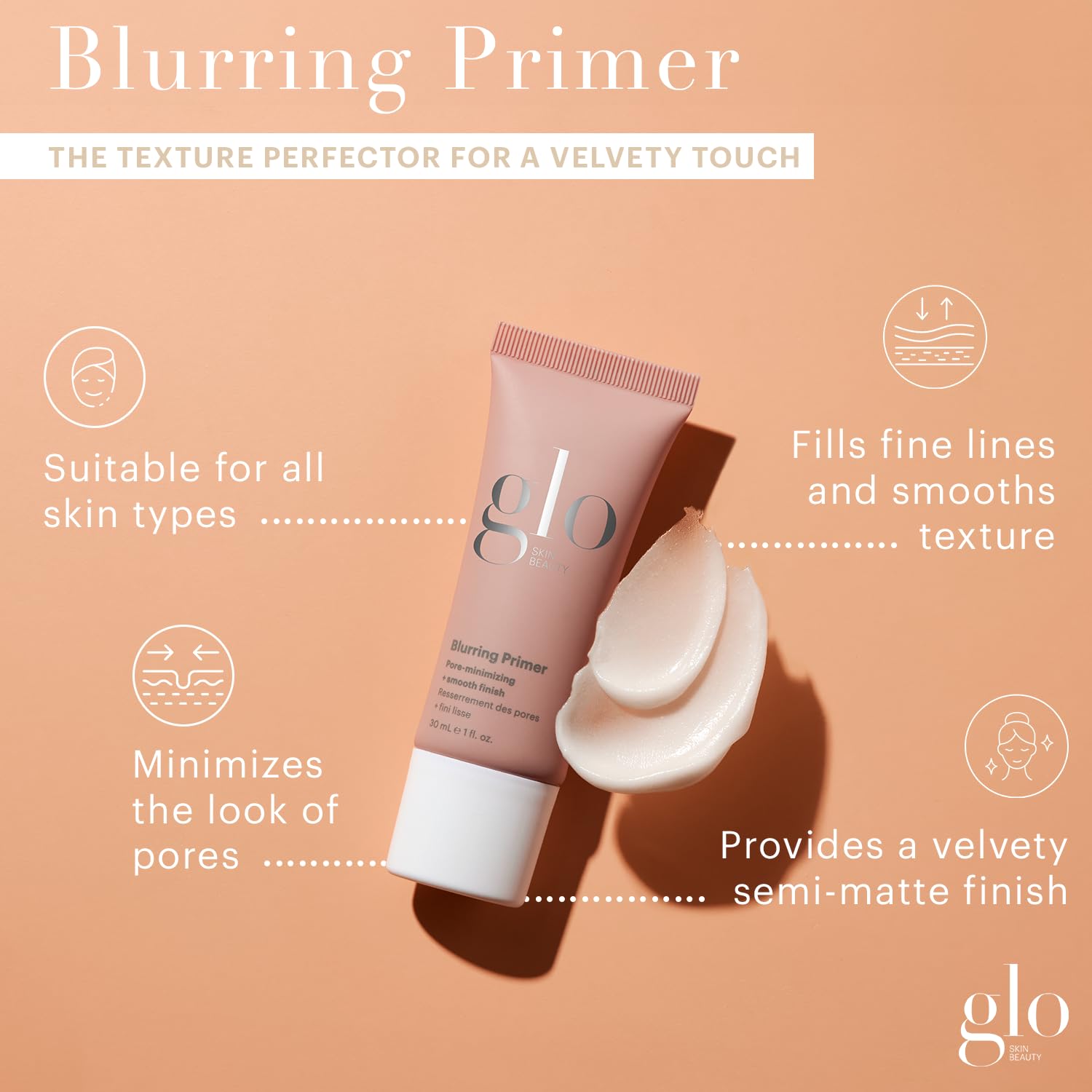 Glo Skin Beauty Blurring Primer semi-matte finish smooths skin texture before makeup.