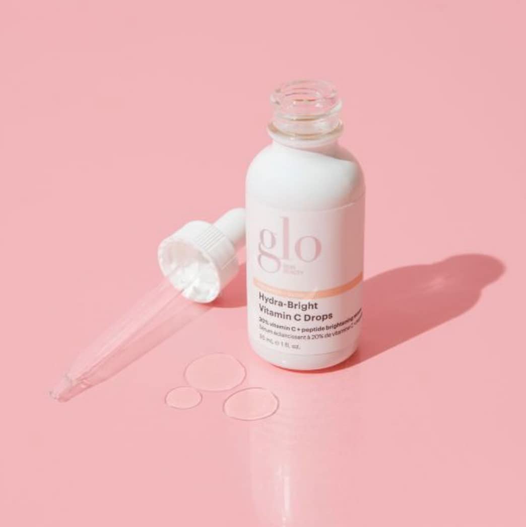 Glo Skin Beauty Hydra-Bright Drops ingredients panel with 20% vitamin C
