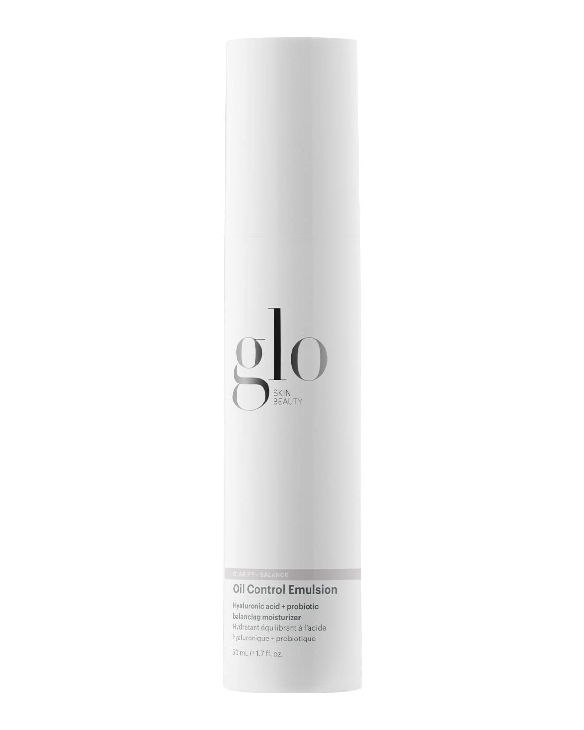 Glo Skin Beauty Oil Control Emulsion bottle demonstrates shine reduction for a balanced complexion.