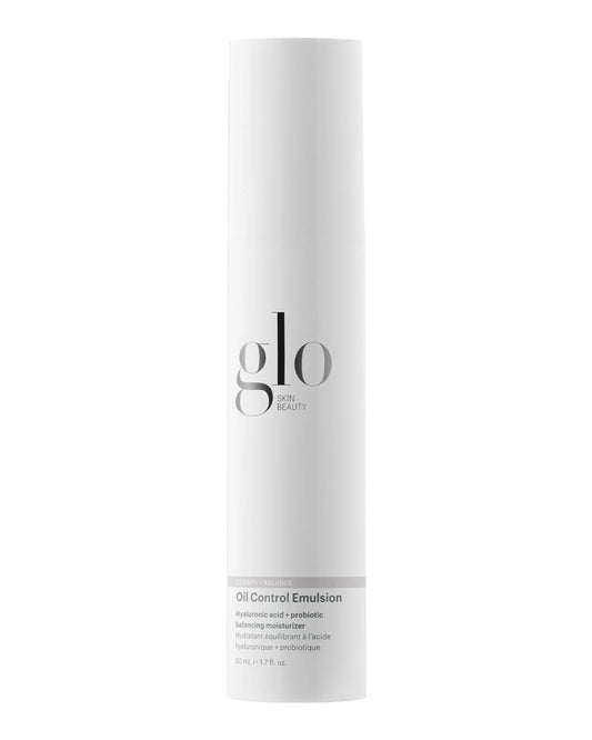 Glo Skin Beauty Oil Control Emulsion bottle demonstrates shine reduction for a balanced complexion.