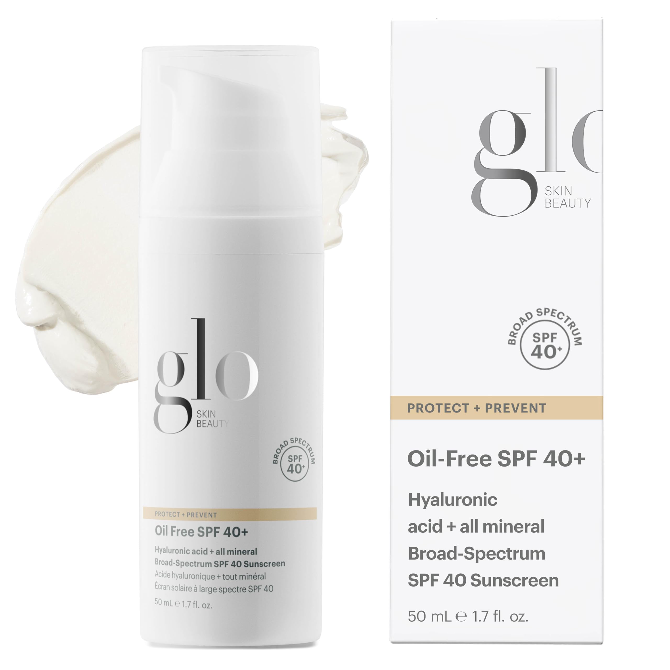 Glo Skin Beauty Oil Free SPF 40+ bottle closeup, weightless protection for daily wear