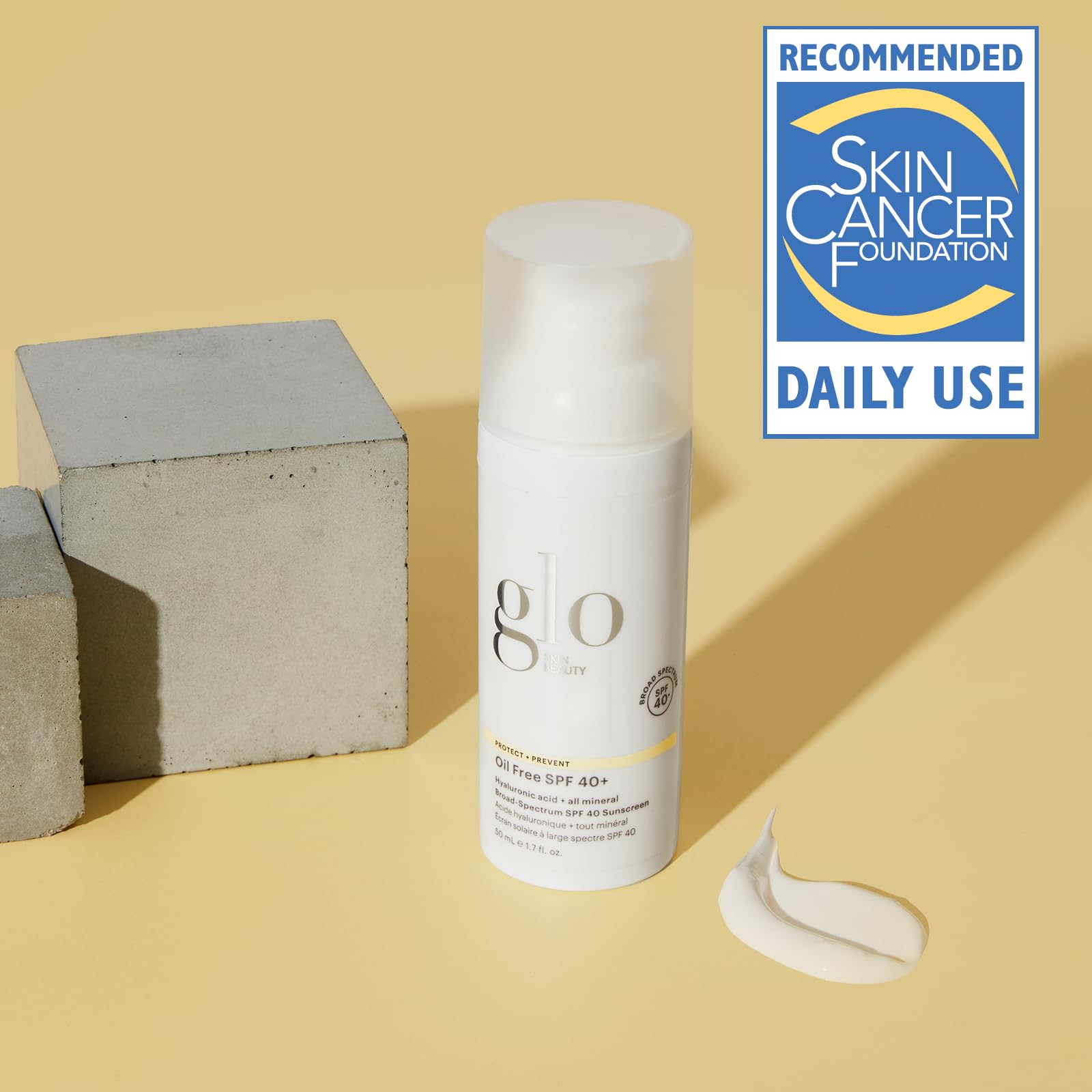 Glo Skin Beauty SPF40 texture highlighting hyaluronic acid infusion for hydration
