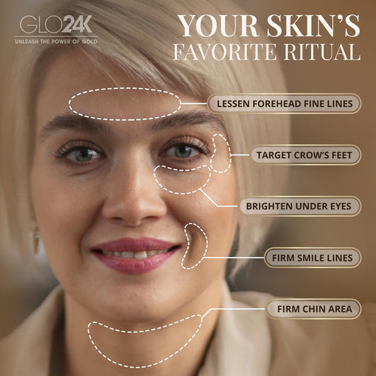 GLO24K 24k gold flakes close-up highlighting luxury skincare.