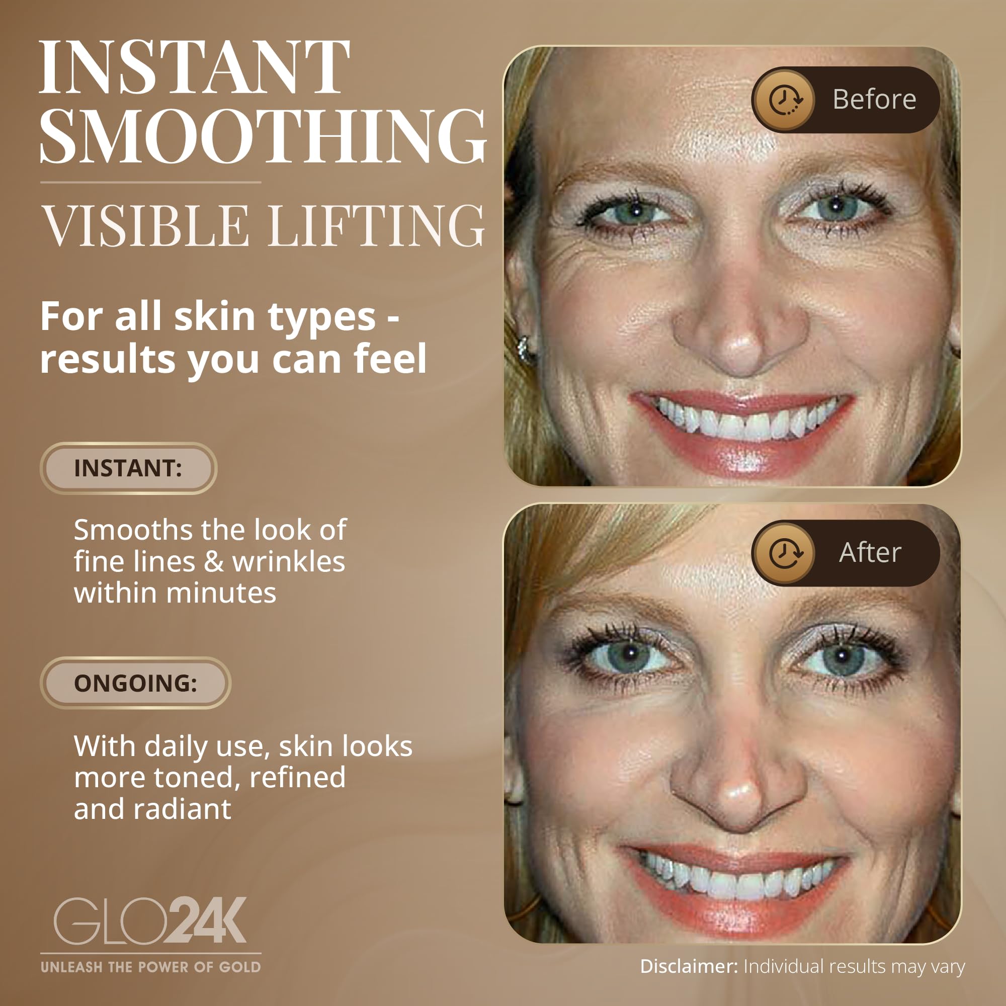 Close-up of 24k gold and peptides in GLO24K anti-aging formula.