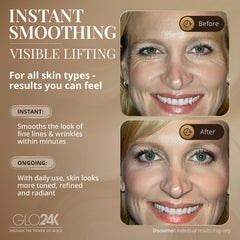 Close-up of 24k gold and peptides in GLO24K anti-aging formula.