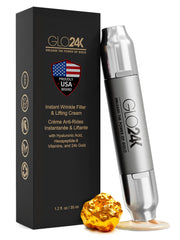 GLO24K instant wrinkle filler bottle with pump for quick non-invasive lifting.
