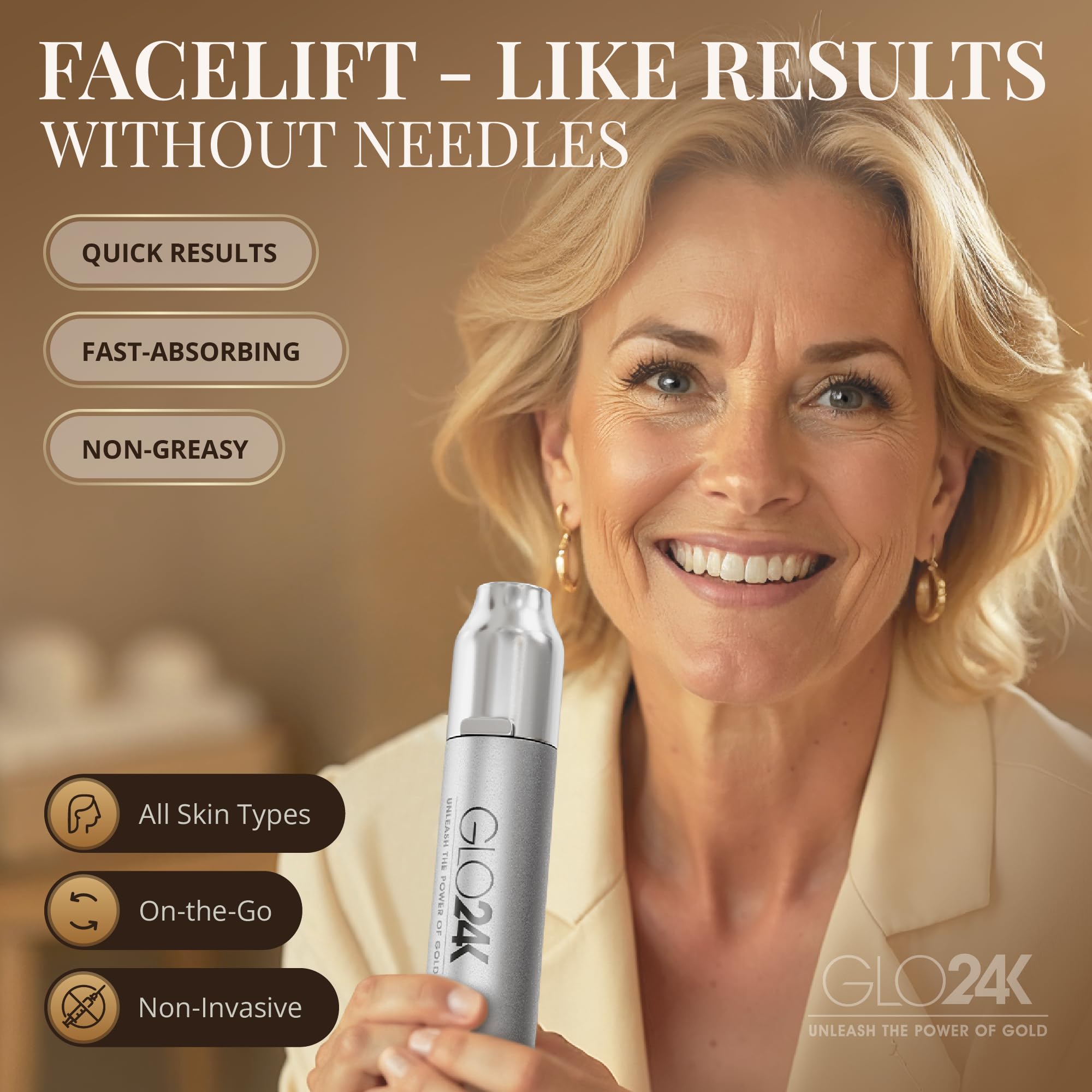 GLO24K lifting cream applied under the eyes for smoothing and tightening.