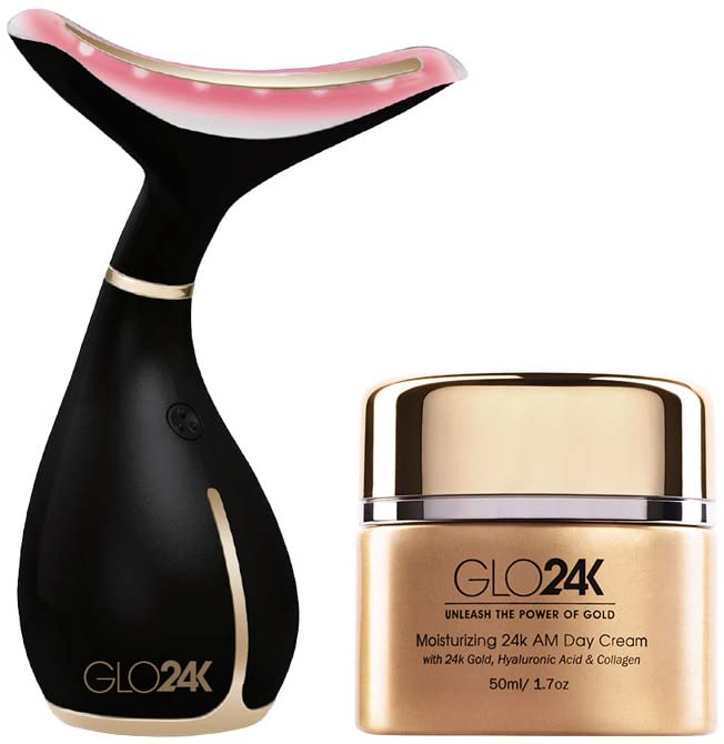GLO24K neck and face LED beauty massager for at home rejuvenation.