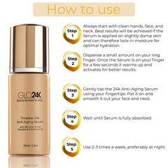 GLO24K vitamins A C E banner suggests antioxidant protection.