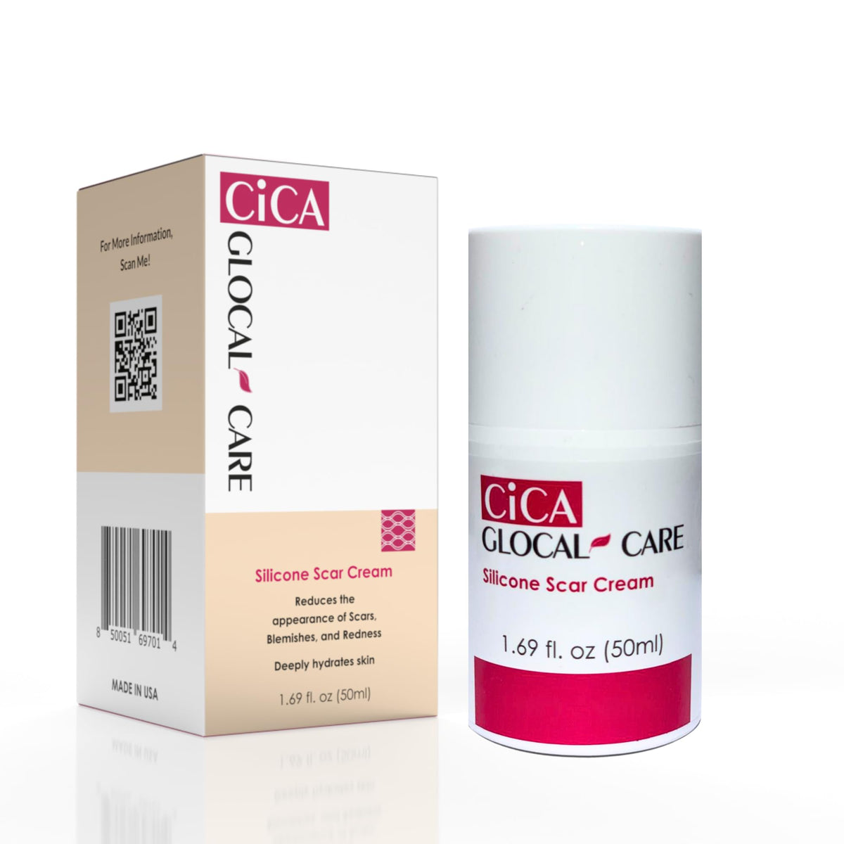 GlocalCare CICA scar cream tube with silicone formula for scar improvement.