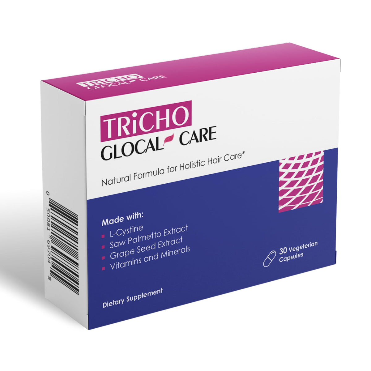 GlocalCare Tricho bottle front showing vegan hair growth supplement for vitality