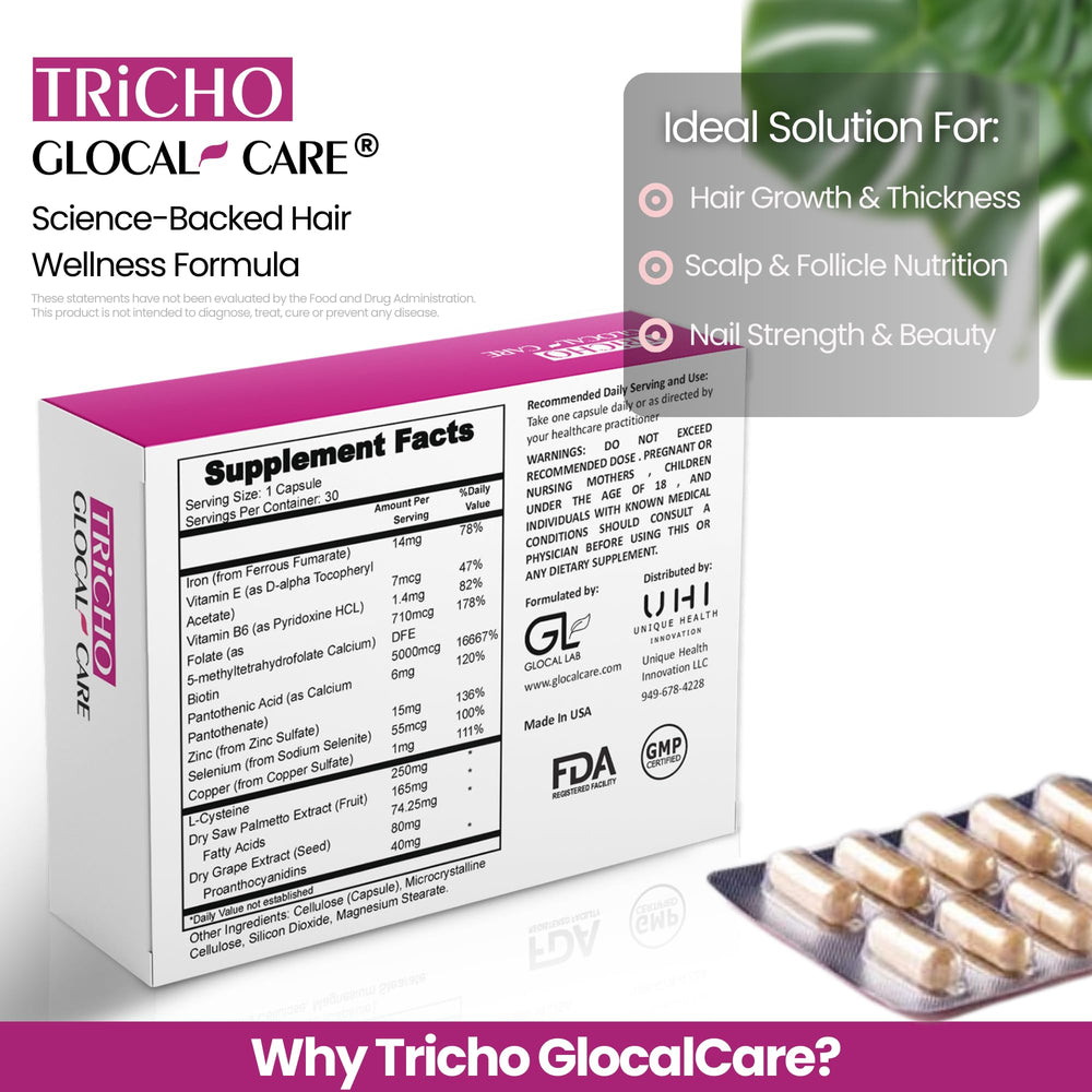 GlocalCare Tricho with saw palmetto visually suggesting follicle support