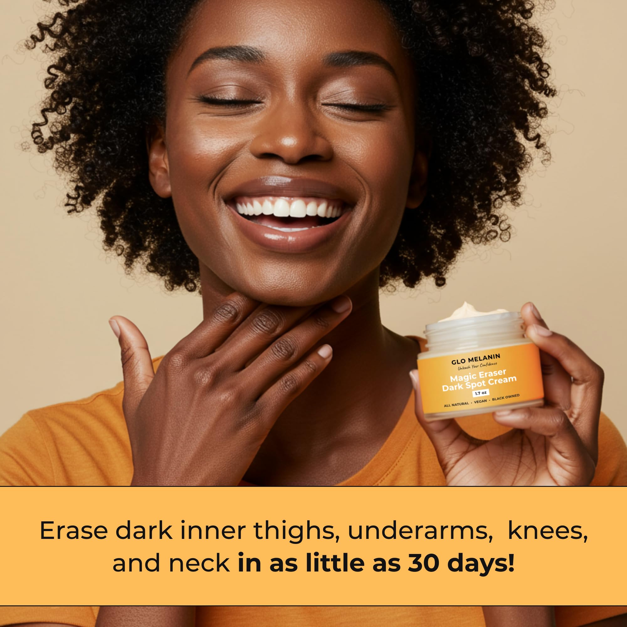 Glo Melanin dark spot remover on knees and elbows for even tone