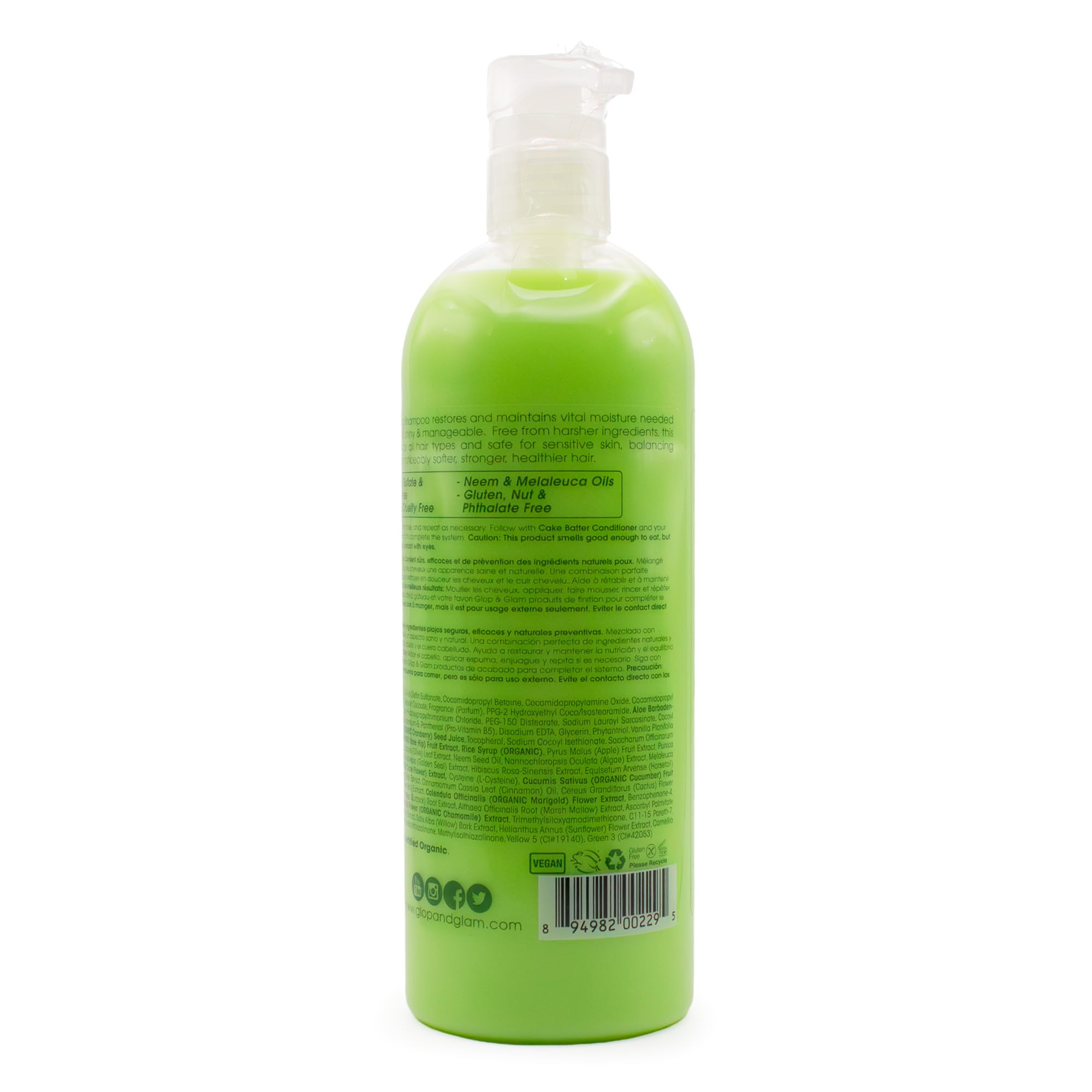 Glop and Glam Candy Apple Shampoo ingredients list highlighting paraben-free and vegan formula.
