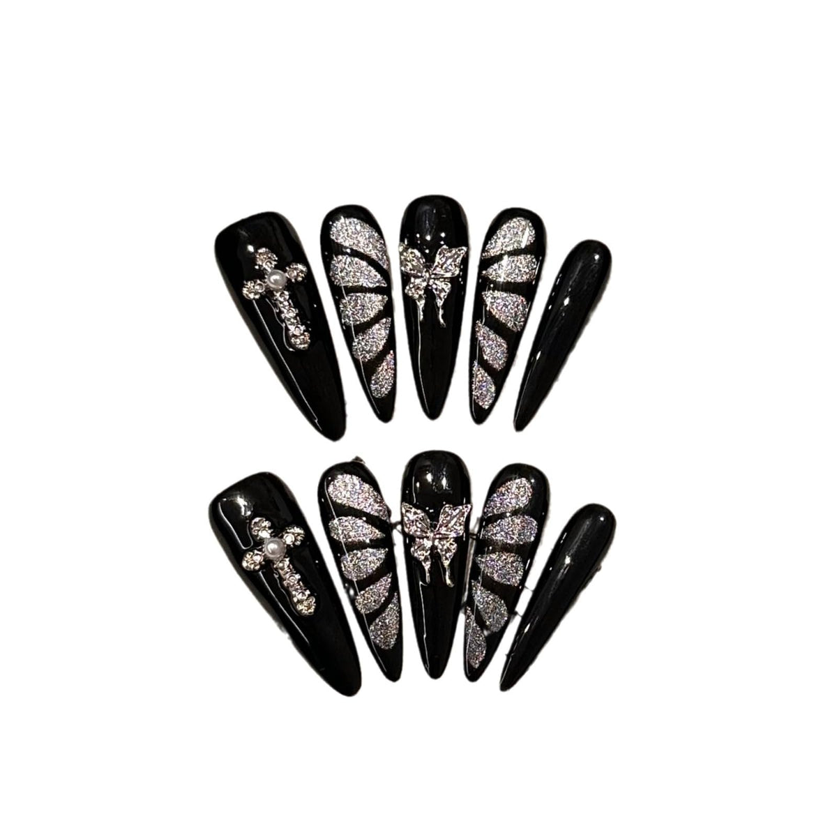 GLORS black and silver butterfly cat eye nails in long stiletto shape for bold at-home manicure