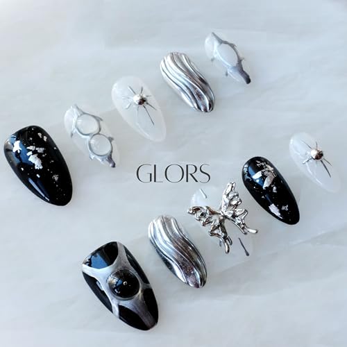 GLORS Gothic long almond nails featuring silver foil detail for eye-catching shine