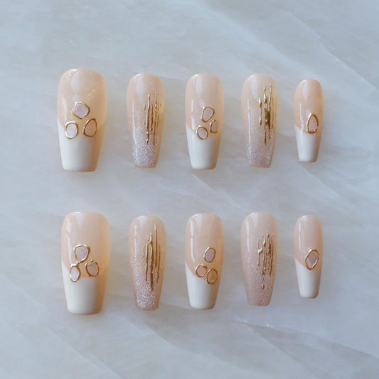 GLORS handmade press-on nails long ballerina with pink-to-white gradient and shell accents for at-home glamour
