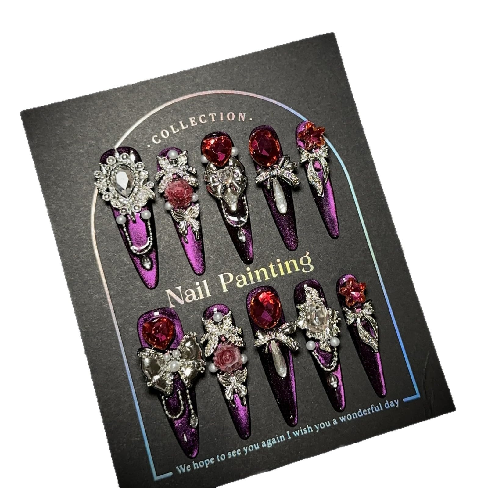 GLORS luxury long press-on nails in purple glitter stiletto with rhinestones for at-home glamour