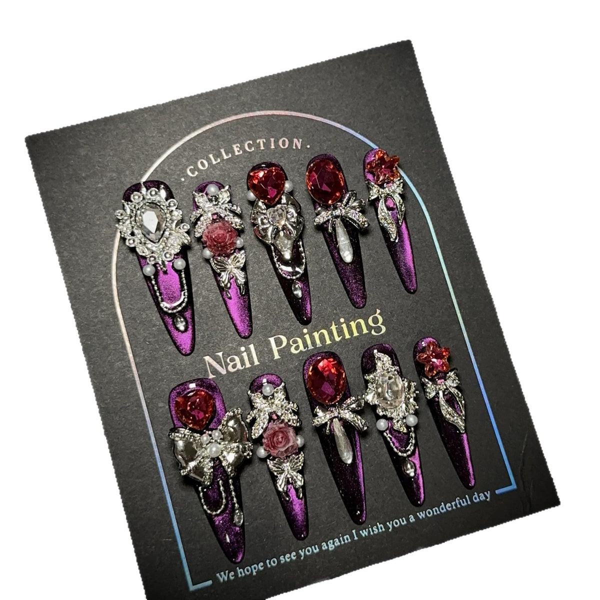 GLORS luxury long press-on nails in purple glitter stiletto with rhinestones for at-home glamour