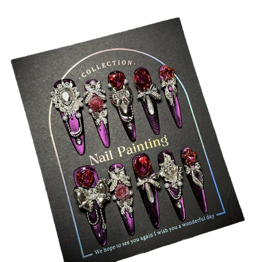 GLORS luxury long press-on nails in purple glitter stiletto with rhinestones for at-home glamour