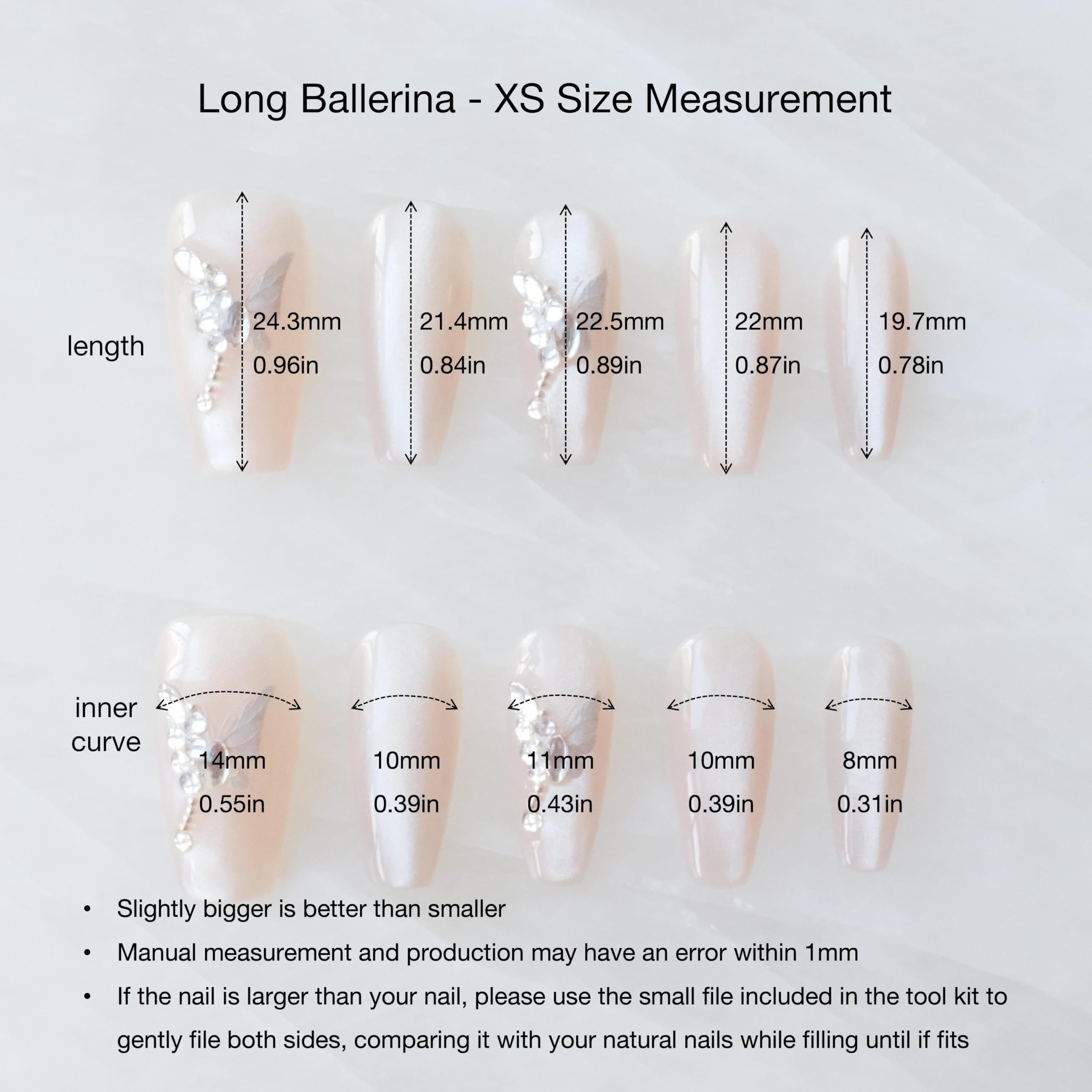 Long ballerina shape GLORS nails for dramatic finger elongation