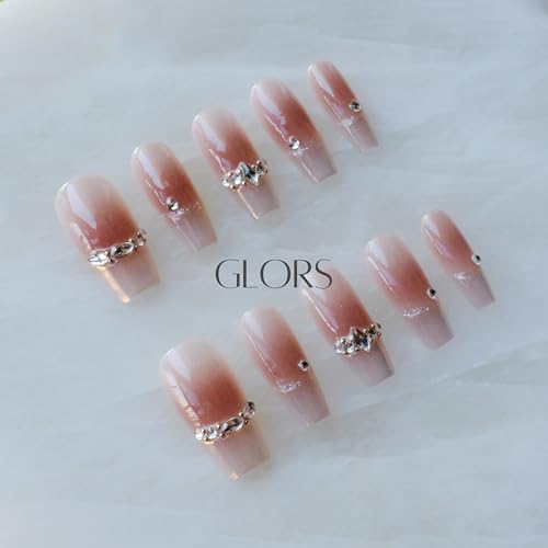 GLORS pink gradient nails with rhinestones for glamorous events