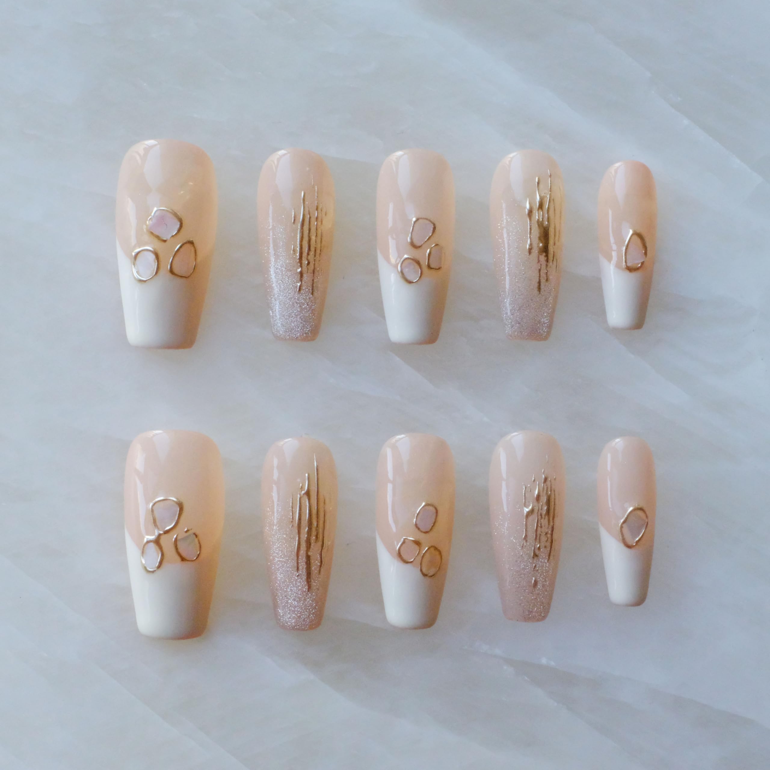 GLORS press-on nails long ballerina with pink-white gradient and shell design for chic evenings