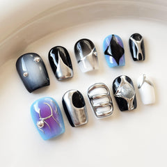 GLORS AI cyberpunk metallic short square nails, durable daily wear look