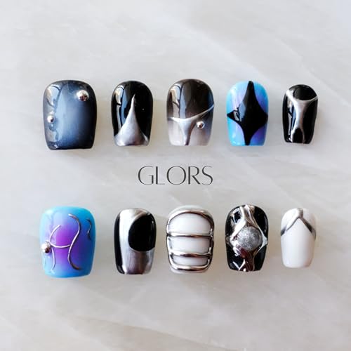 GLORS Purely Handmade nails, AI cyberpunk metallic short square for quick glam