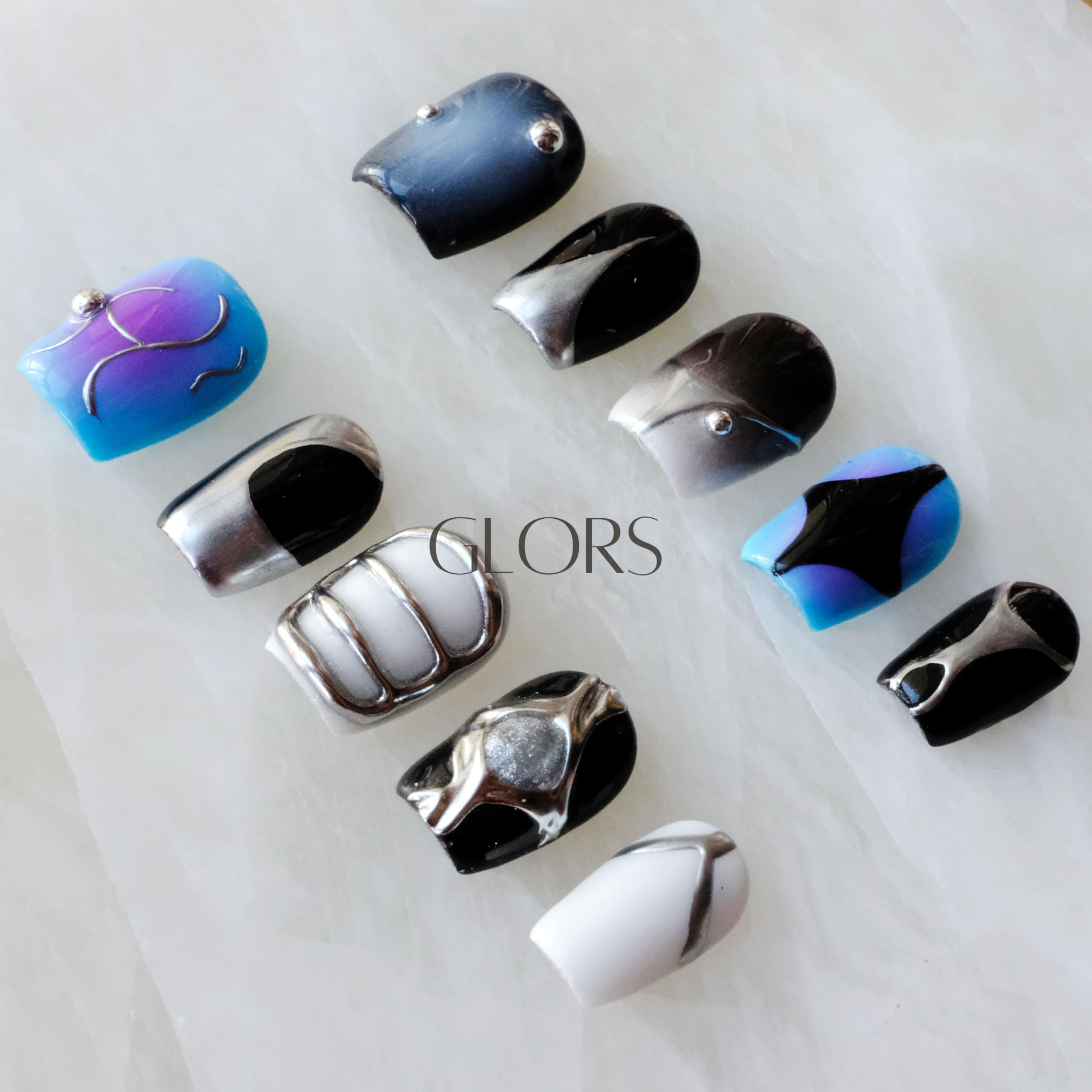 GLORS press-on nails AI cyberpunk metallic short square for salon-like look at home