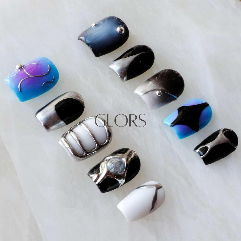 GLORS press-on nails AI cyberpunk metallic short square for salon-like look at home