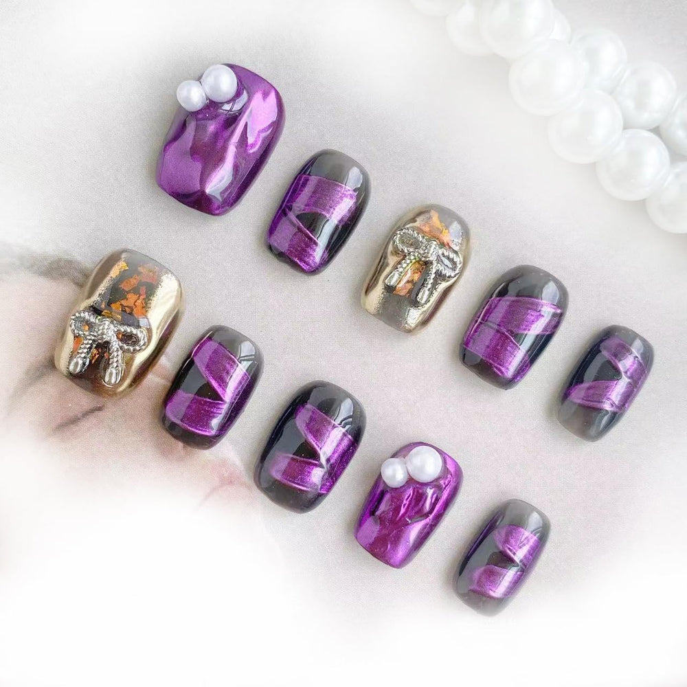 GLORS Purely Handmade Press On Nails with purple mirror powder on display, ideal for chic daily wear.