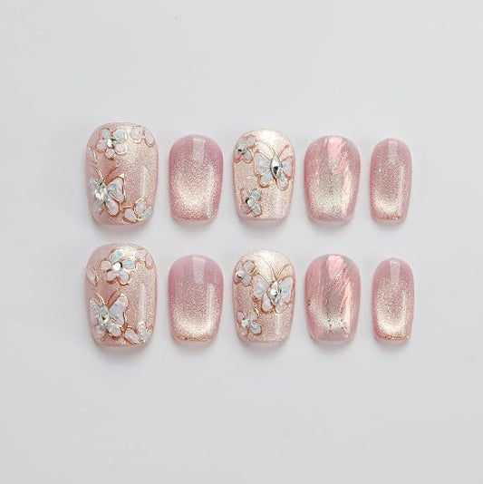 GLORS Unique Art Nail pink cat eye with butterflies and flowers for glamorous everyday style.