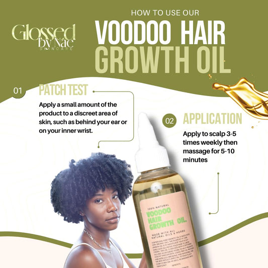 Glossed by Nae Voodoo Hair Growth Oil label shows rosemary and lemongrass ingredients.