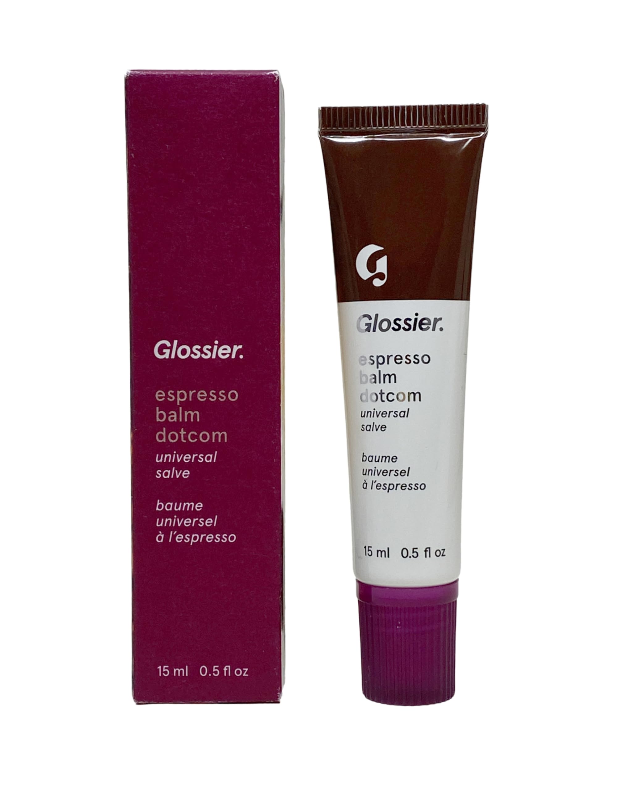 Glossier Balm Dotcom Espresso 15 ml closeup demonstrates creamy, hydrating lip balm.