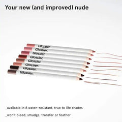 Glossier Lip Liner Bare packaging display emphasizes sleek branding and portable design.