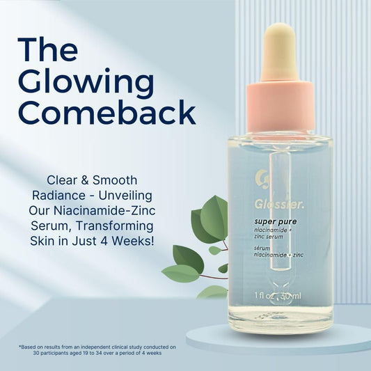 Glossier Super Pure serum dispense on hand delivers targeted clarity with Niacinamide.