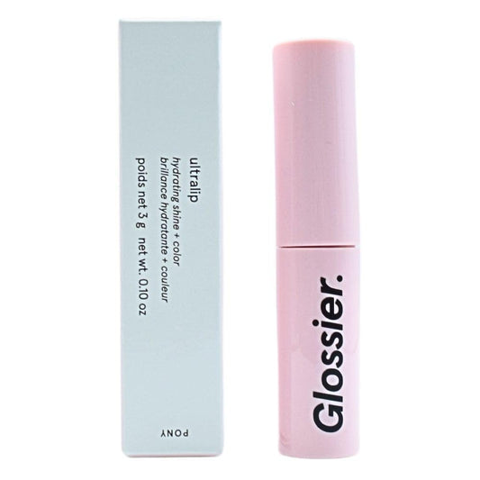 Glossier Ultralip Pony swatch shows rosy taupe shade and buildable depth for versatile looks.