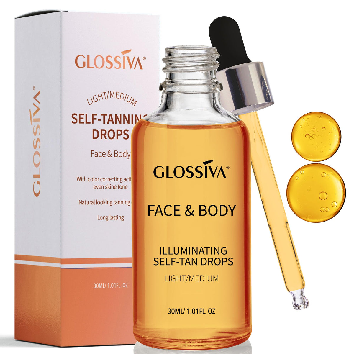 Glossiva Self Tanning Drops bottle with dropper for gradual tan