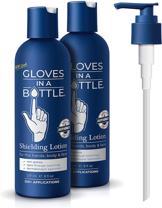 Gloves In A Bottle shielding lotion dispenser showing protective barrier on hands.