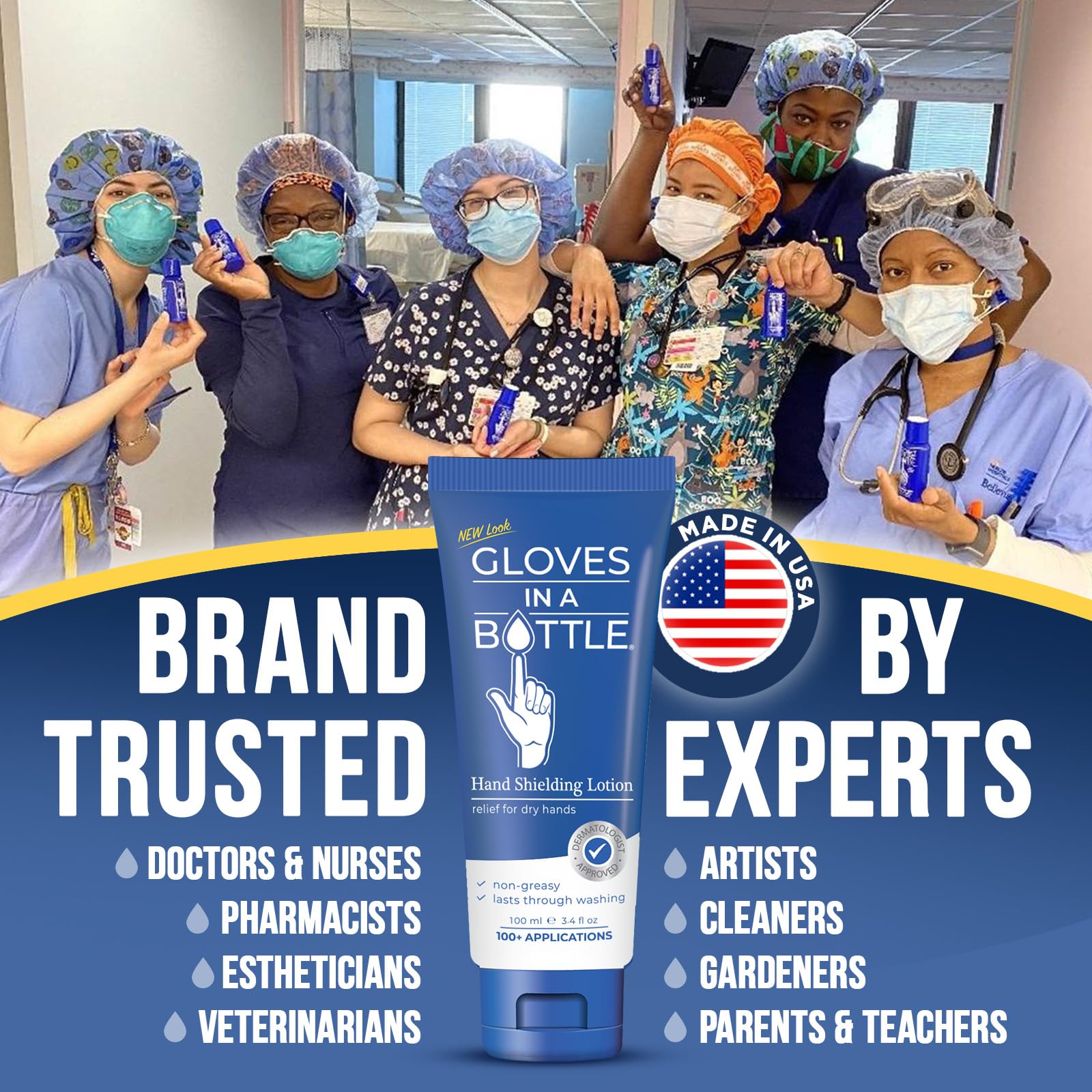 Gloves in a Bottle Shielding Lotion USA-made logo suggests domestic production.