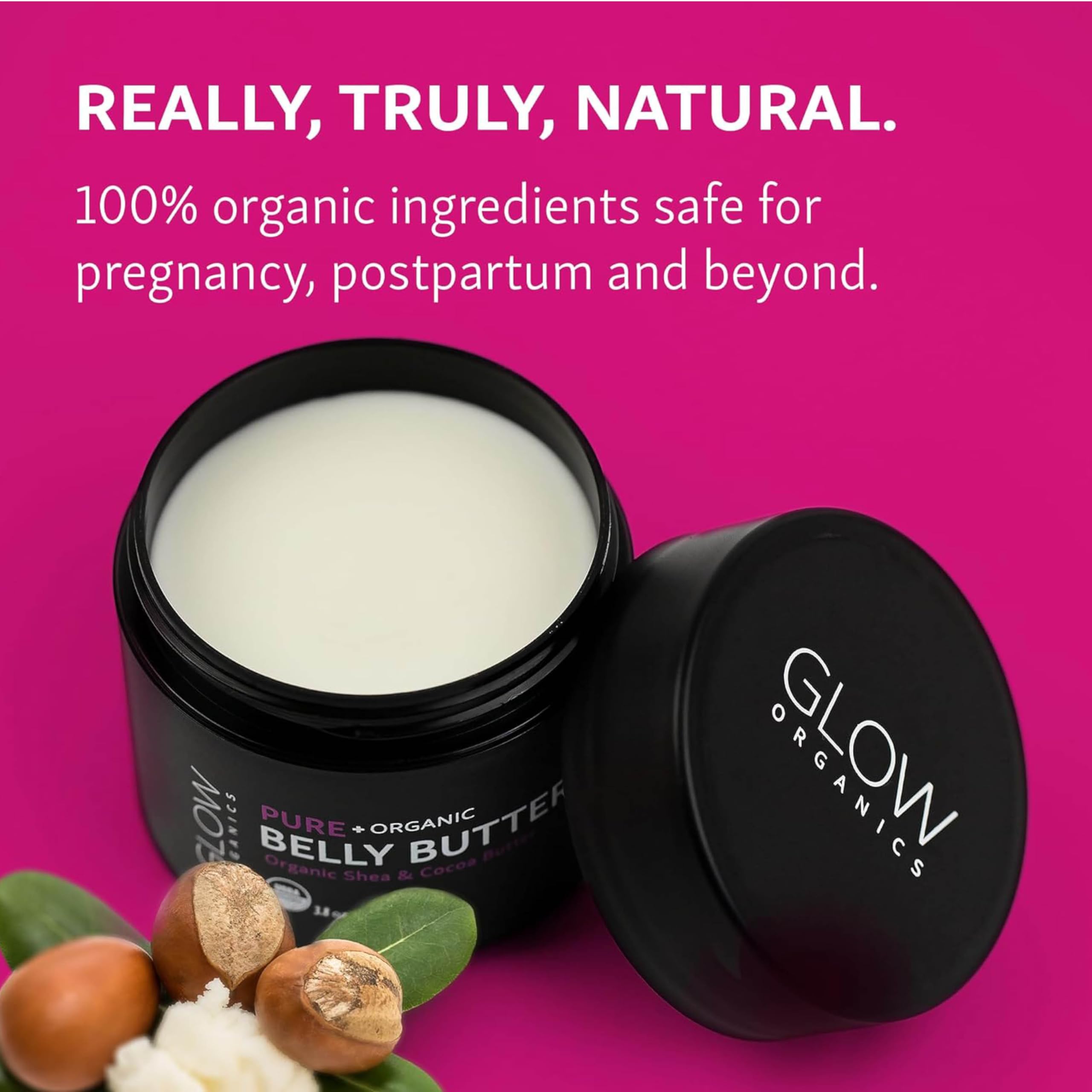 Glow Organics Belly Butter being applied on skin to soothe stretching skin