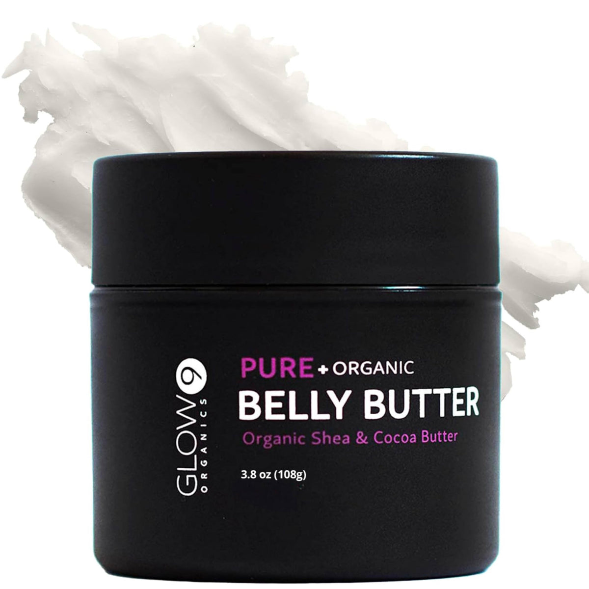 Glow Organics Belly Butter jar close-up shows whipped texture for quick absorption