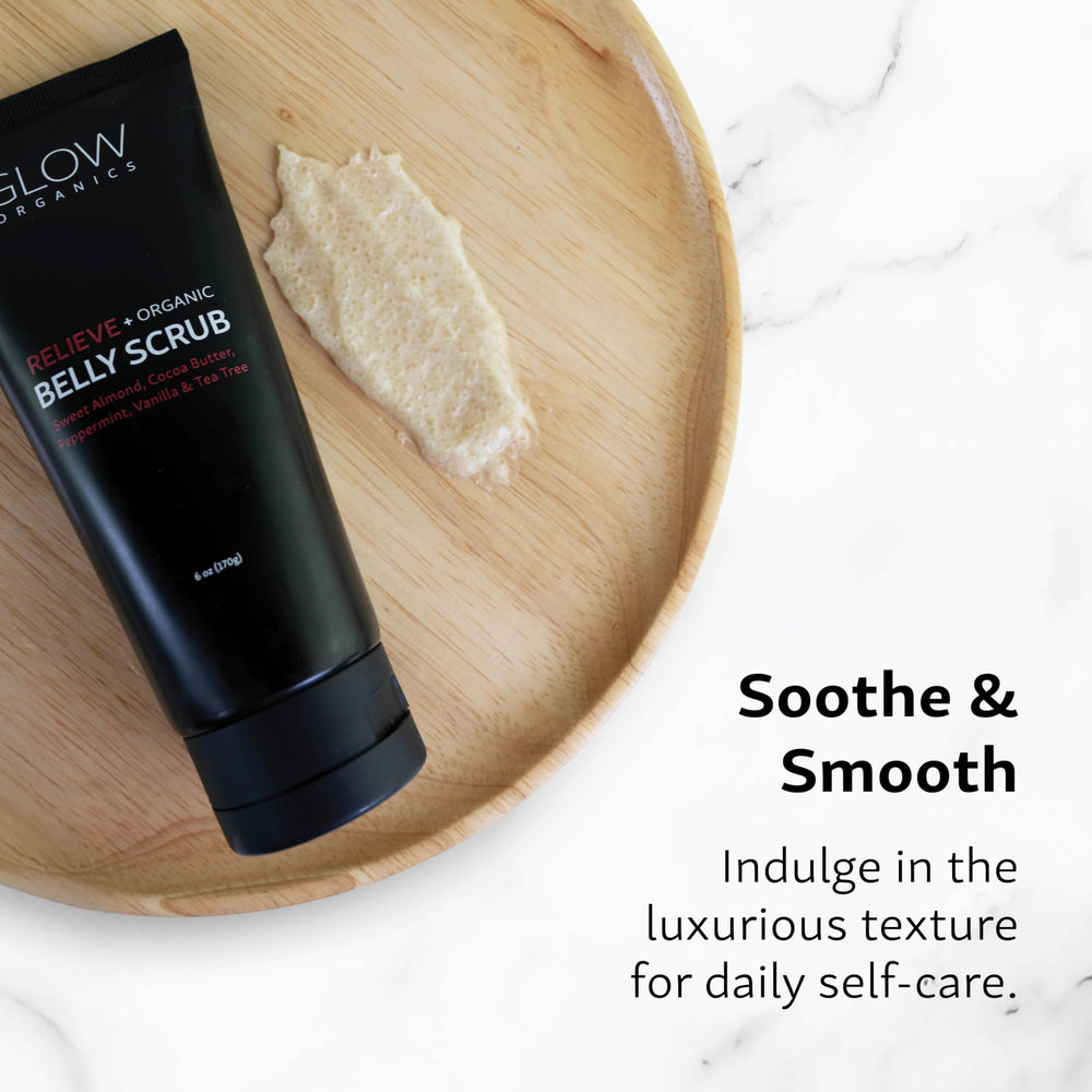 6 oz Glow Organics belly scrub tube on clean counter.